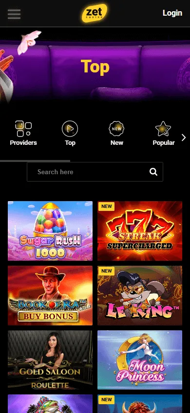Zet Casino games area on a mobile browser