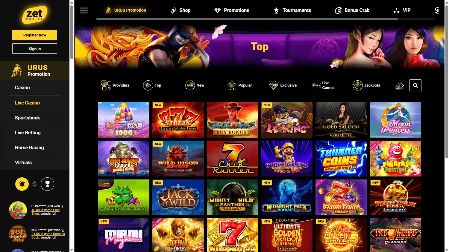 Zet Casino games area on desktop
