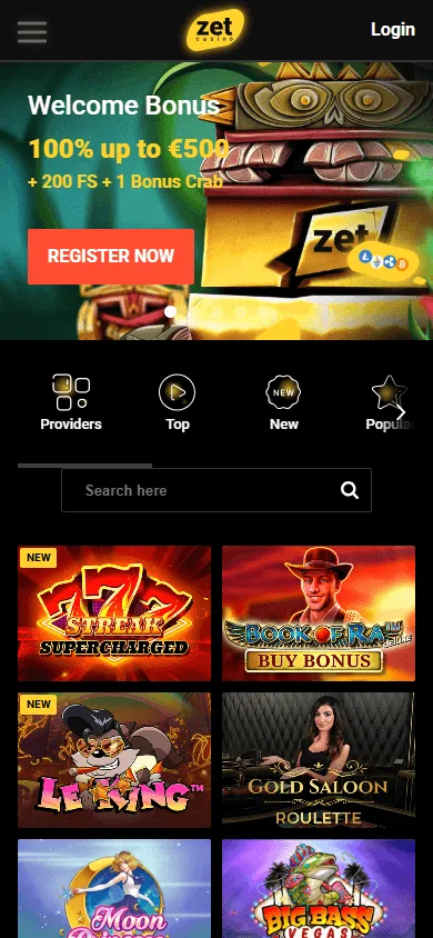 Zet Casino home screen on a mobile browser