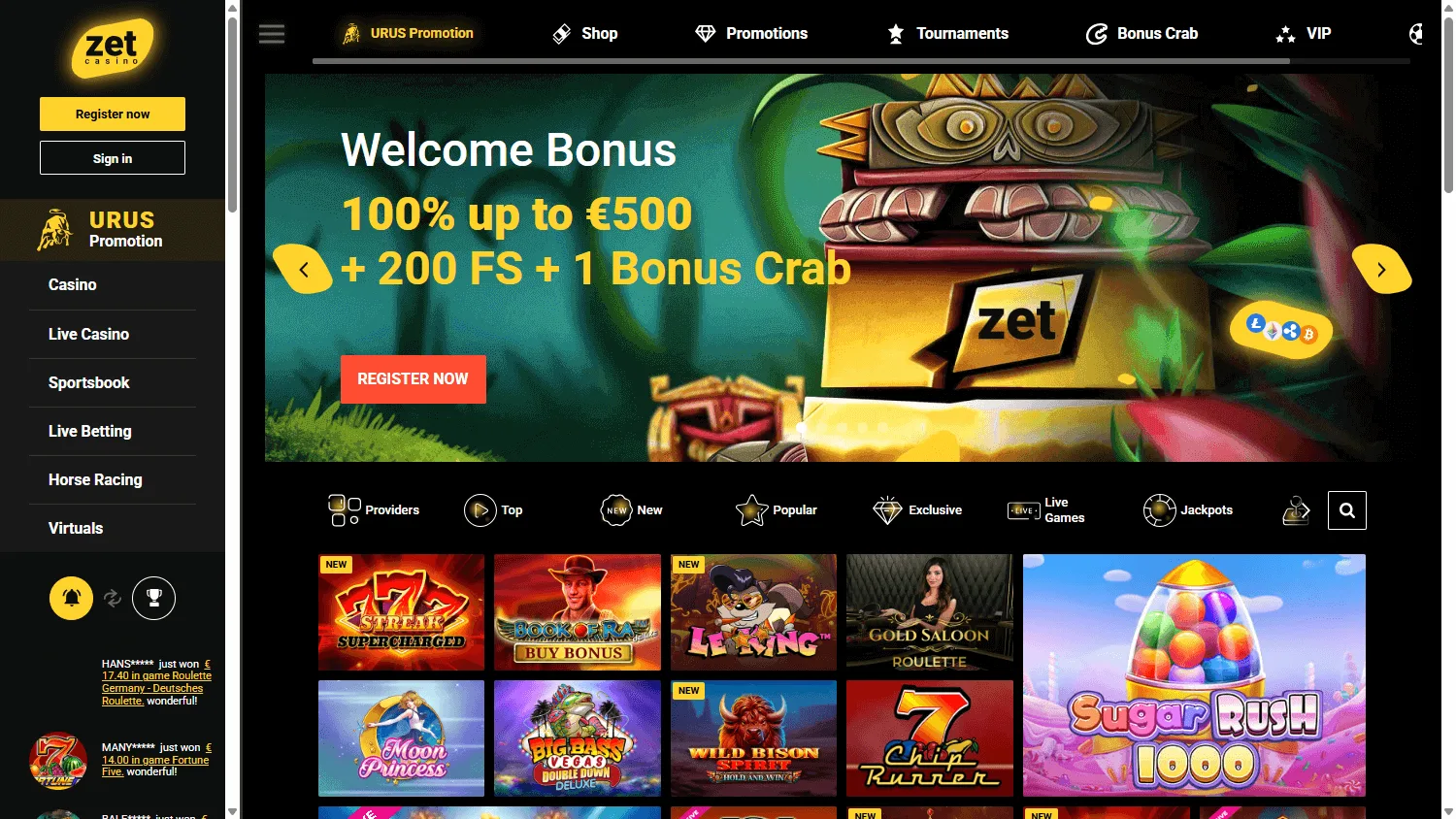 Zet Casino home screen on desktop