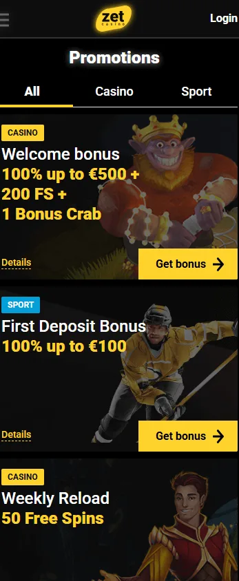 Zet Casino promotions area on a mobile browser