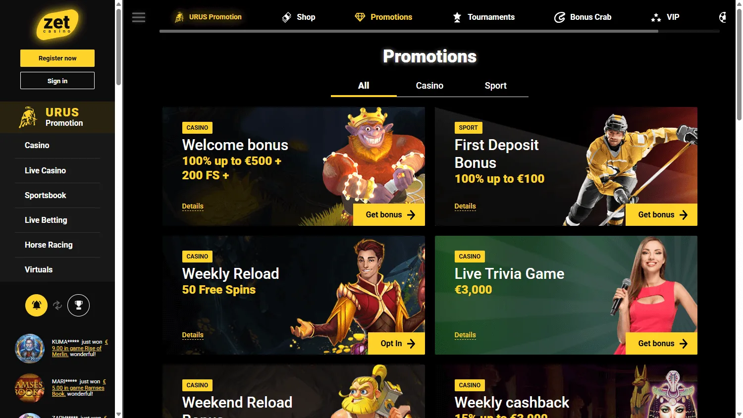 Zet Casino promotions area on desktop
